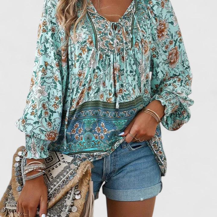 Renazianne boho print top in Blue, view 8