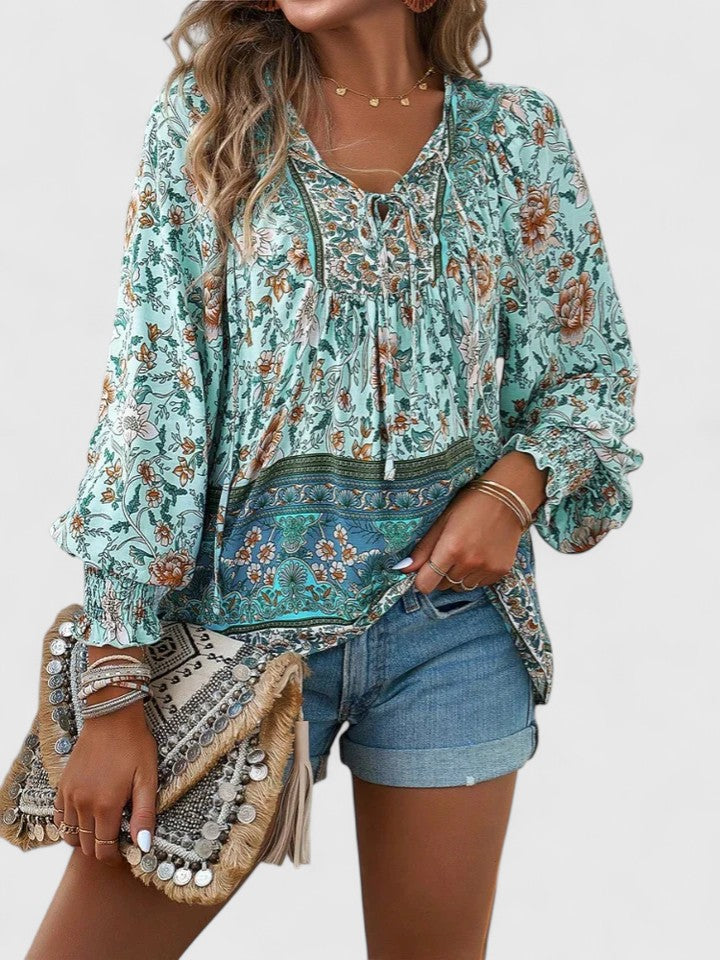 Renazianne boho print top in Blue, view 8