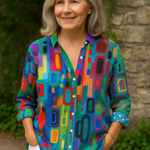 Edna artistic mosaic print blouse in Teal Mosaic, front view