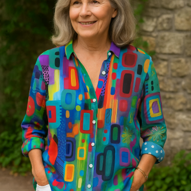 Edna artistic mosaic print blouse in Teal Mosaic, front view
