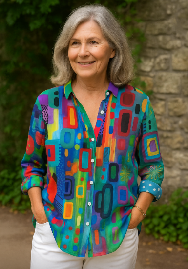 Edna artistic mosaic print blouse in Teal Mosaic, front view