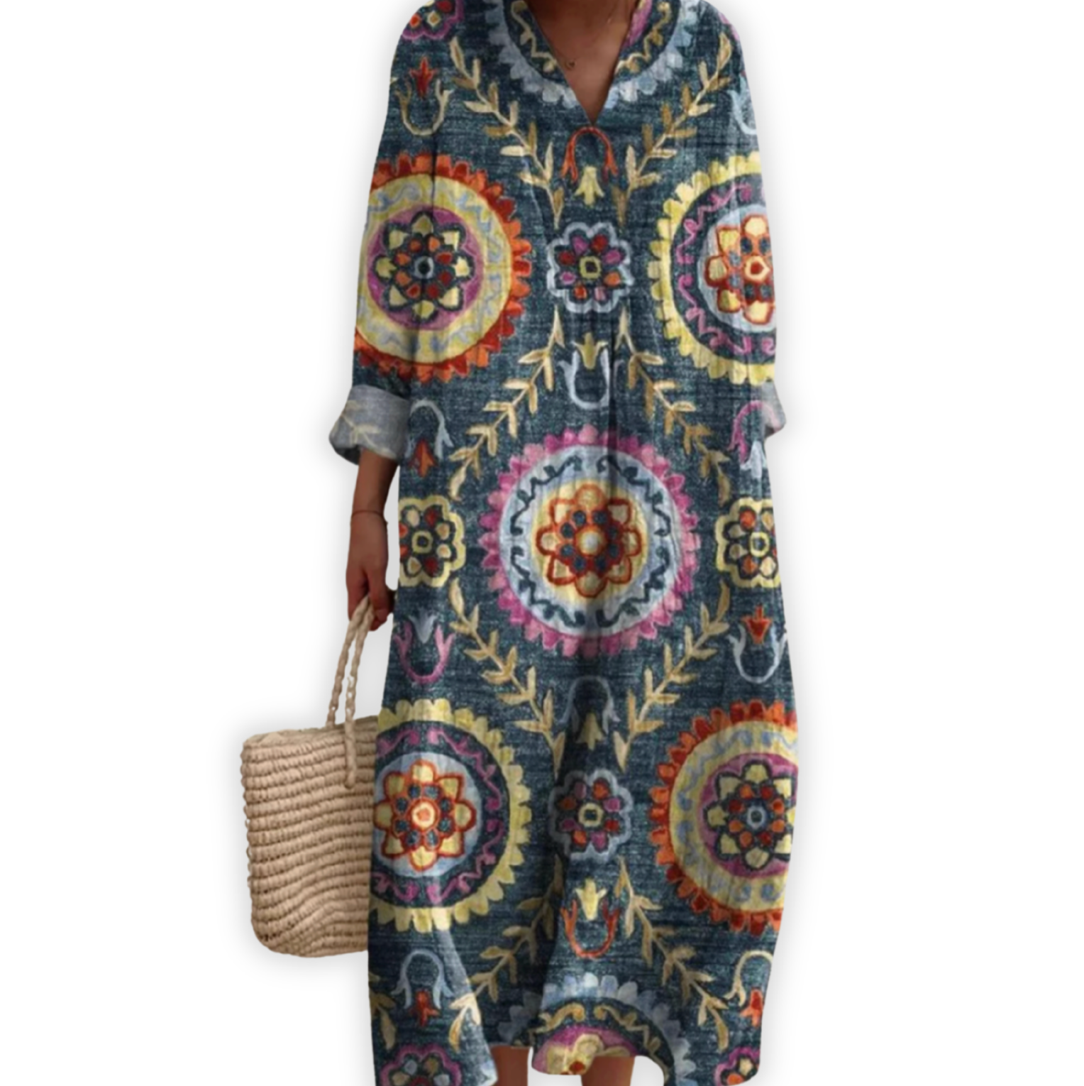 Olivia vintage geometric maxi dress, front view