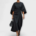 Sonia lantern sleeve midi dress in Black, front view