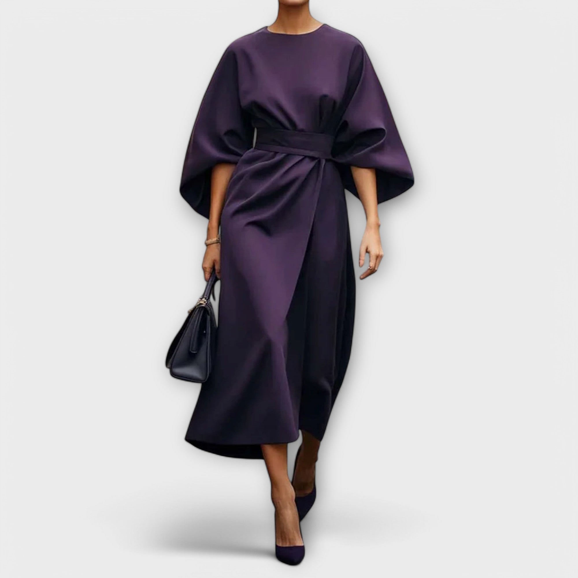 Sonia lantern sleeve midi dress in Purple, view 2