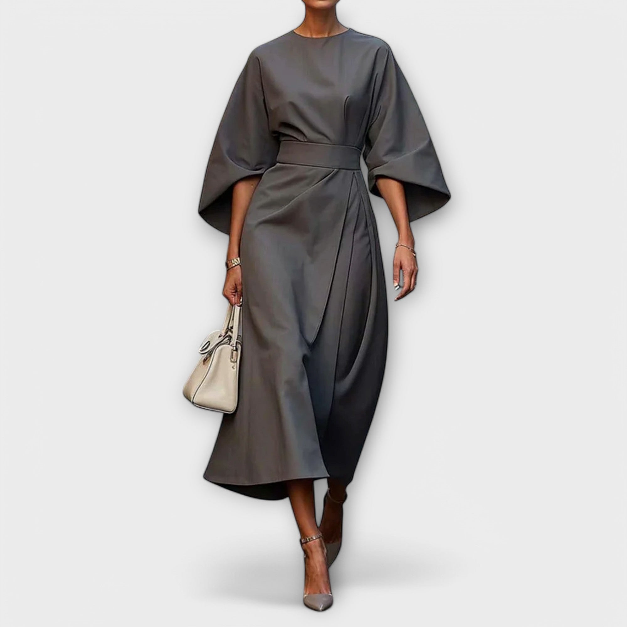 Sonia lantern sleeve midi dress in Grey, view 5