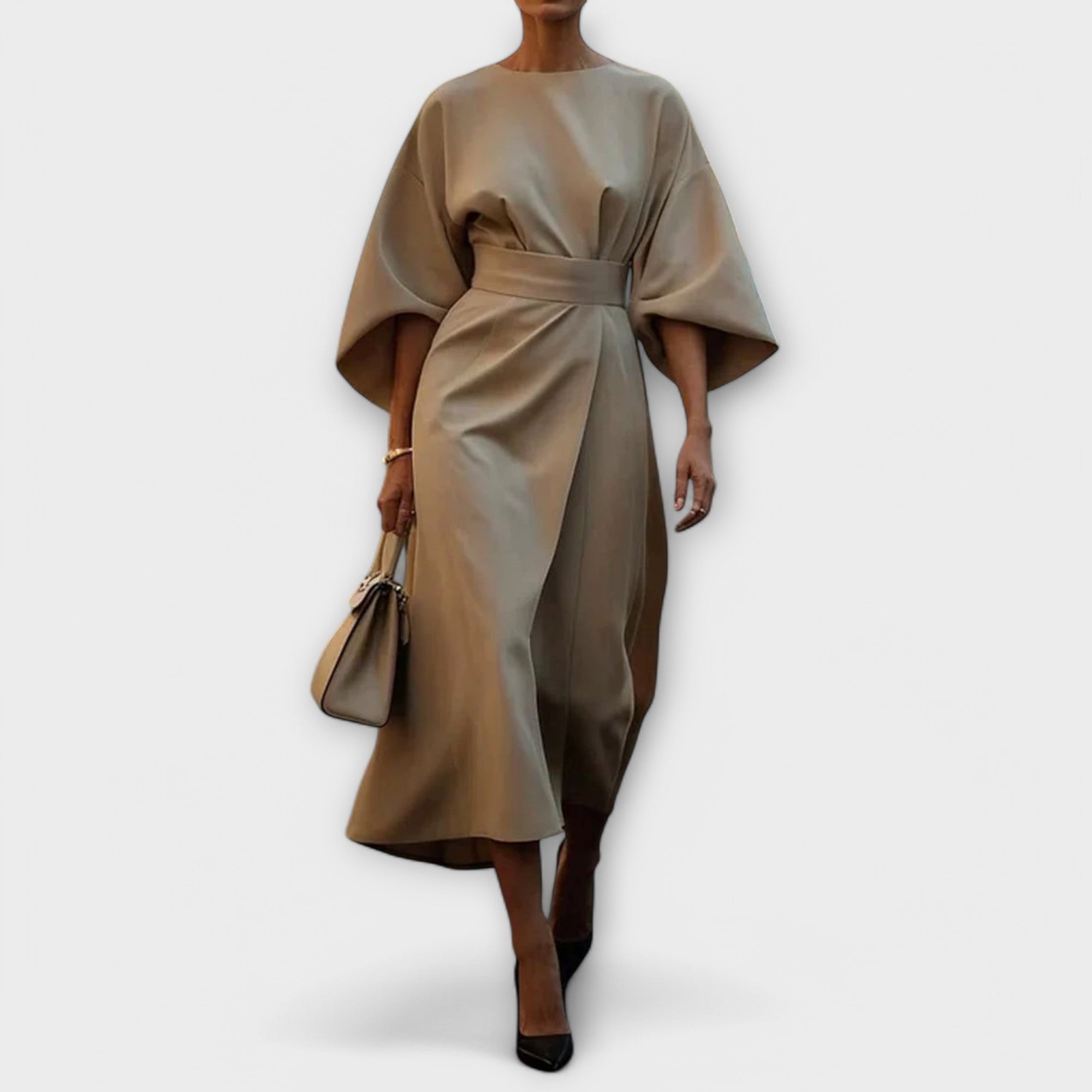 Sonia lantern sleeve midi dress in Beige, view 4