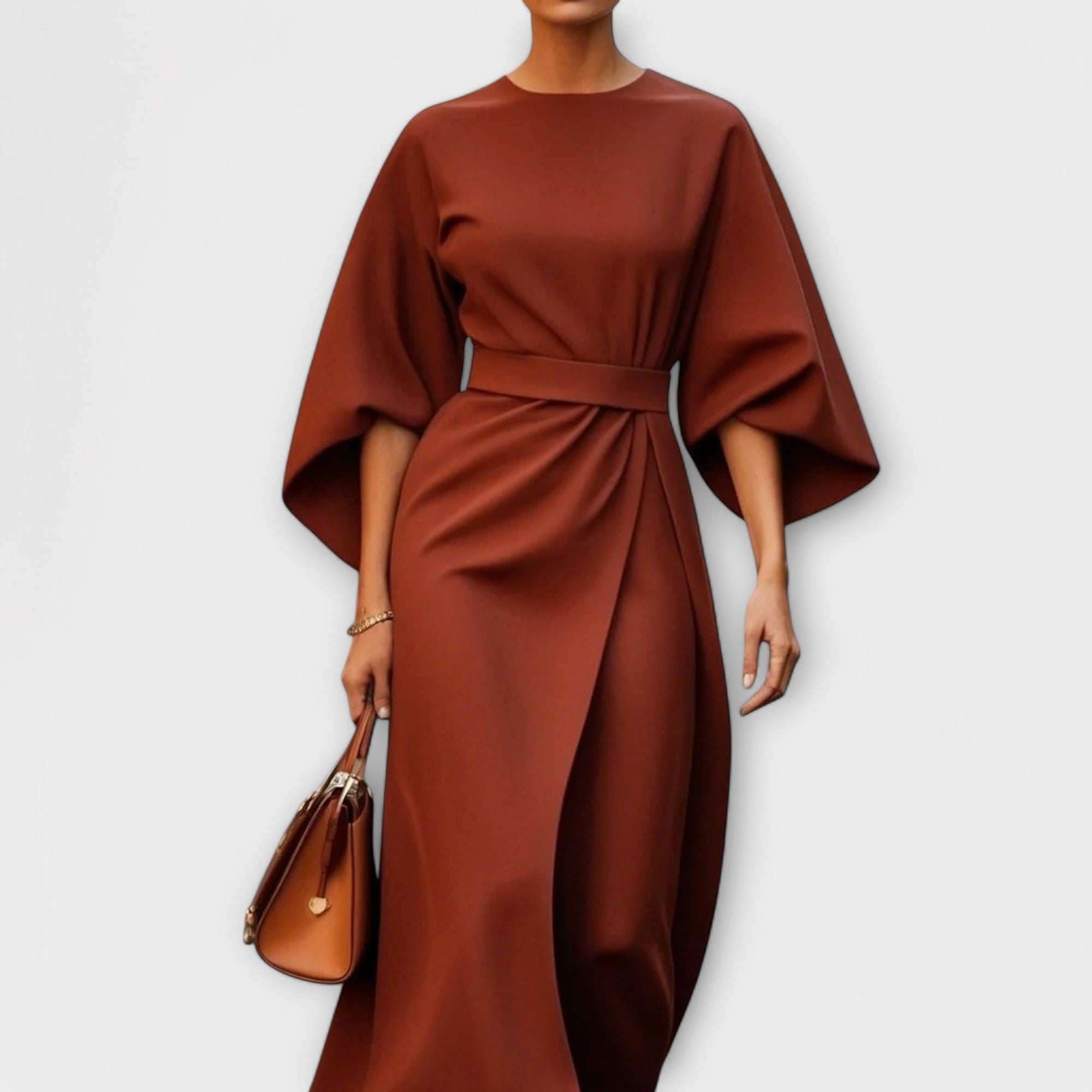 Sonia lantern sleeve midi dress in Brown, view 3