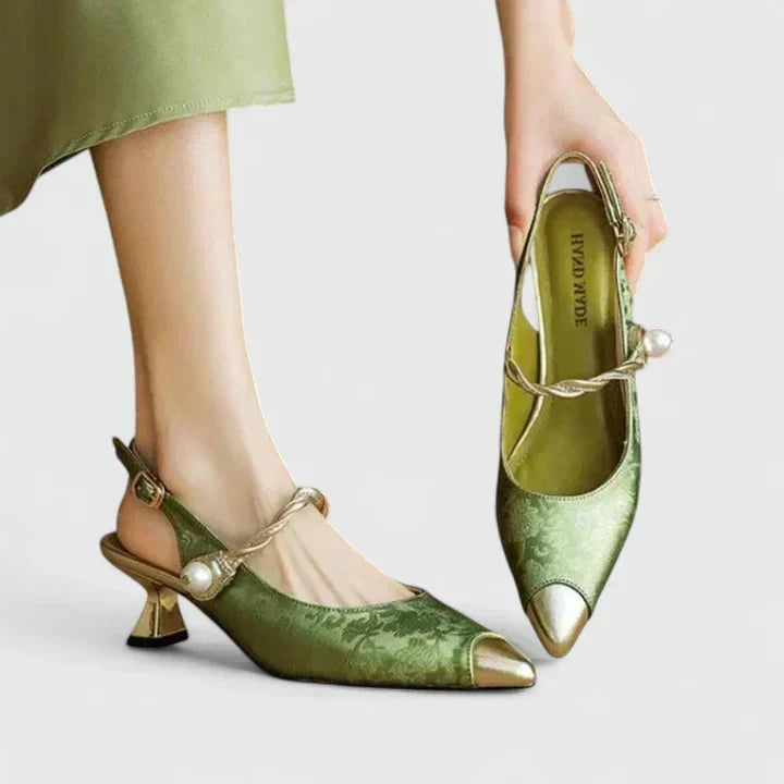 Seraphyane Pearl Kitten Heels in Green, front view