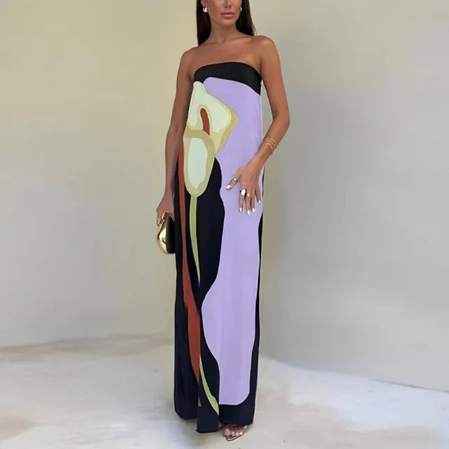 Alisa abstract print strapless maxi dress in Purple, view 7