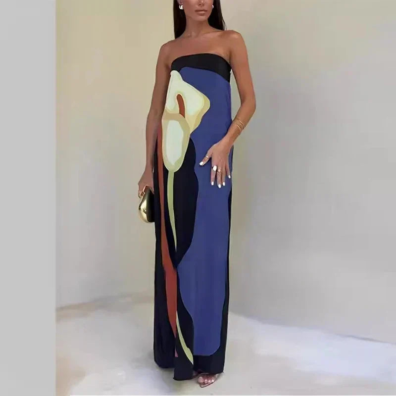 Alisa abstract print strapless maxi dress in Blue, view 8
