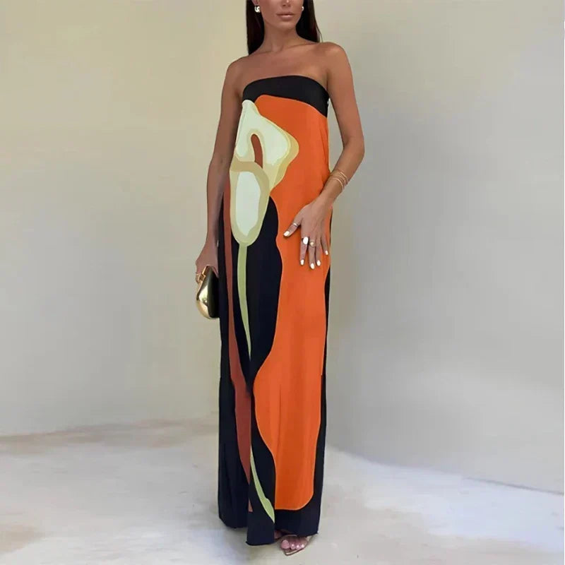 Alisa abstract print strapless maxi dress in Orange, view 5