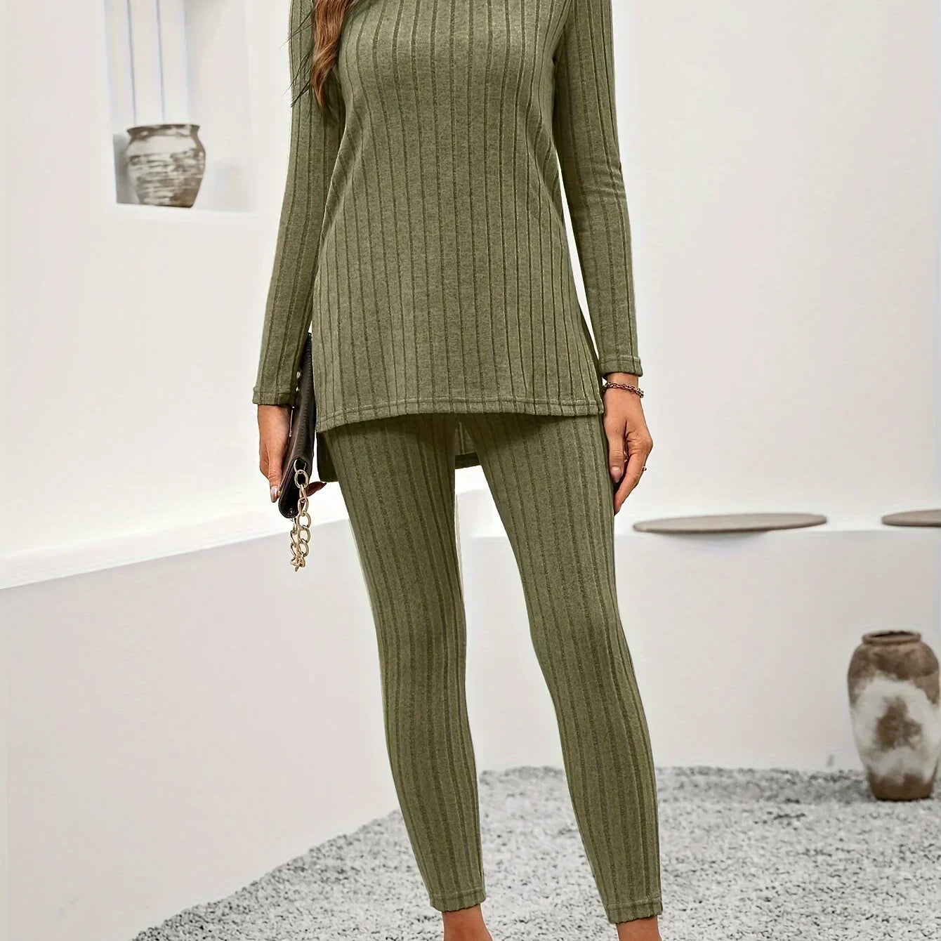 Callie ribbed knit lounge set in Army Green, view 3