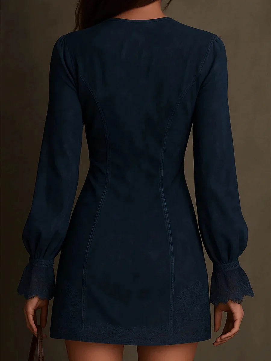 Suede lace zip neck mini dress, view 4