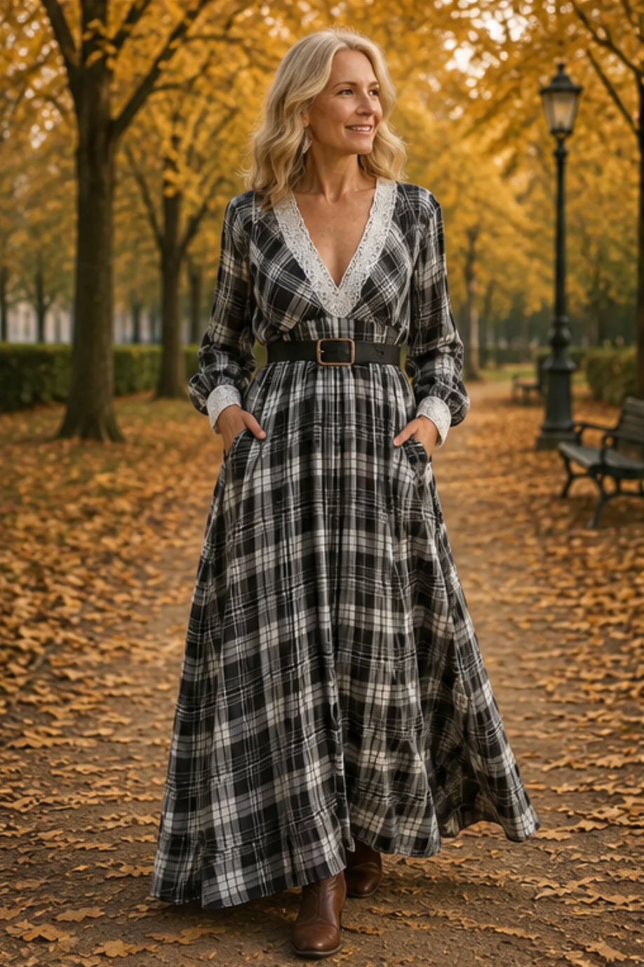 Marisela belted check maxi dress, front view
