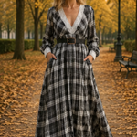 Marisela belted check maxi dress, front view