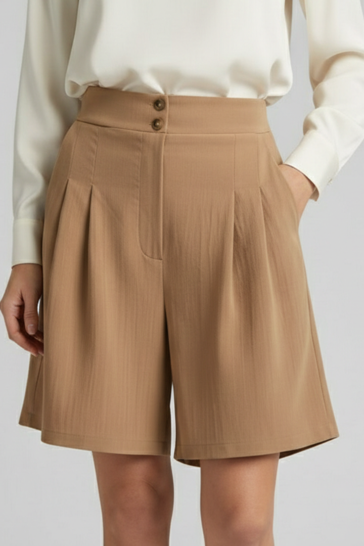 Tailored high waist pleated shorts in Khaki, view 2