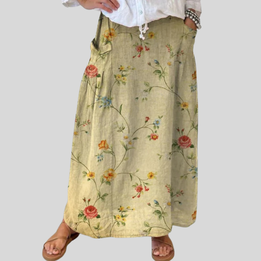 Retro floral skirt with elastic waistband, front view
