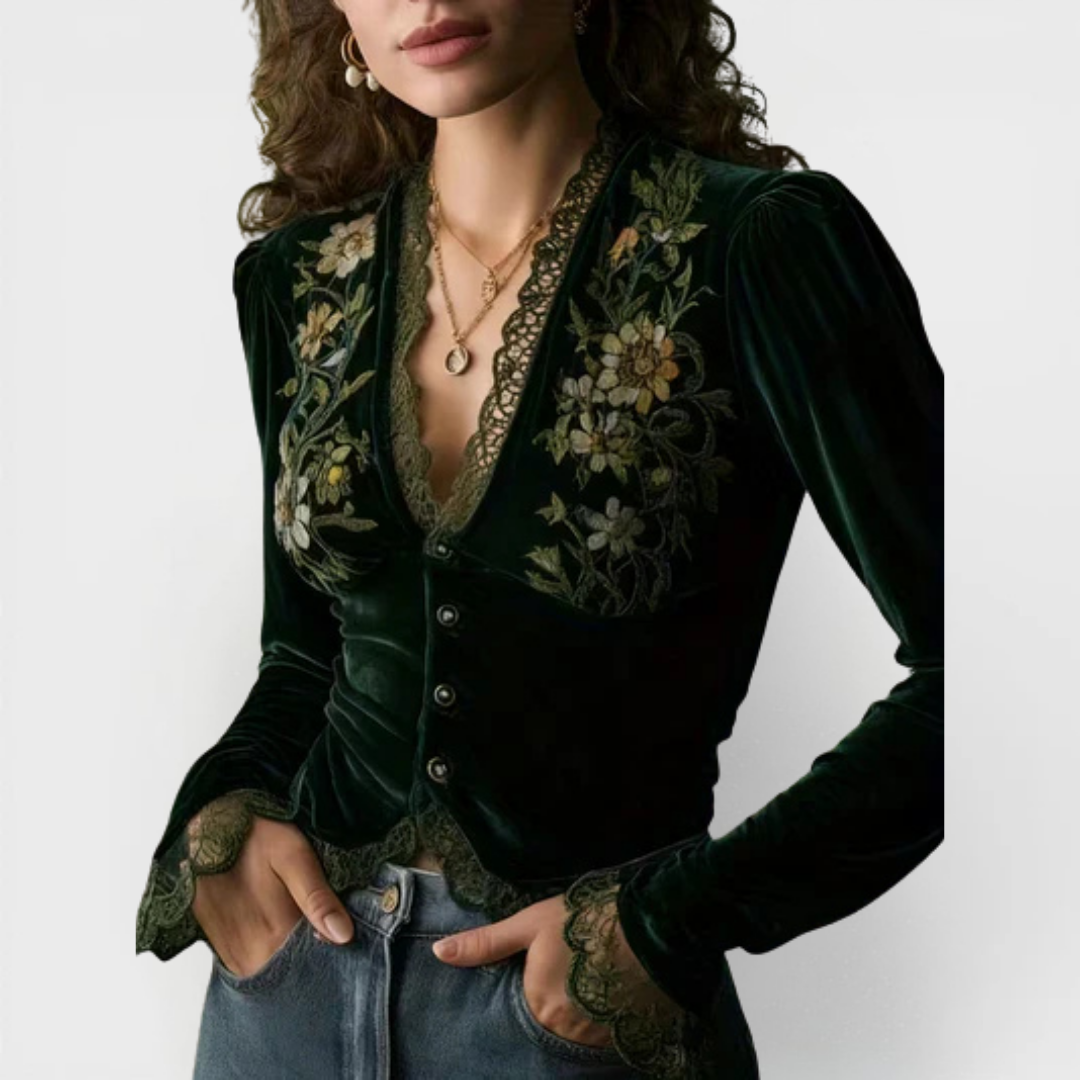 Nora embroidered velvet blouse, front view