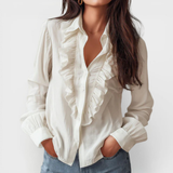 Anna white ruffled reversible blouse, front view