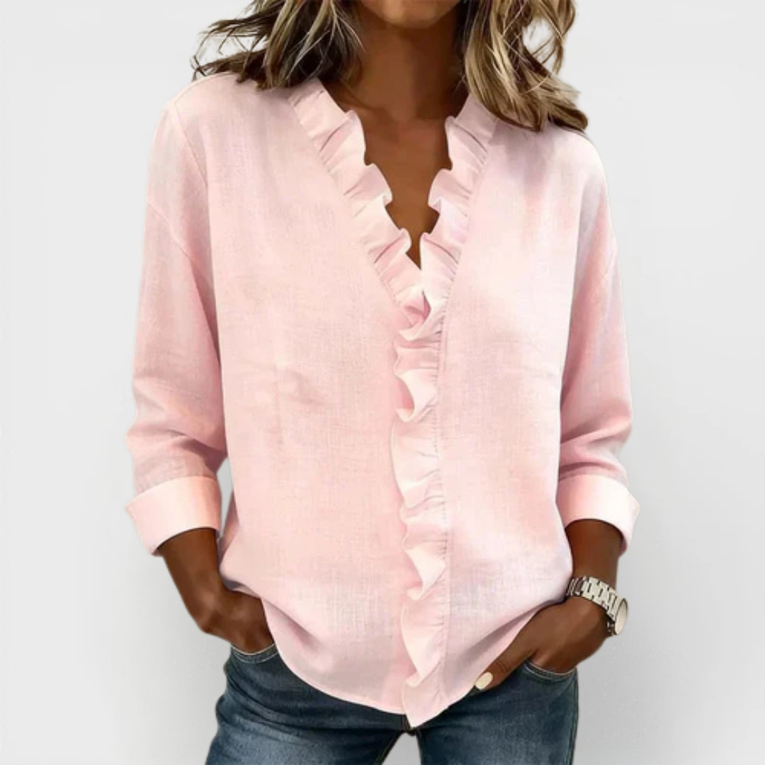 Sadie ruffled blouse in Pink, front view