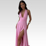 Amanda halter maxi dress with slit, front view