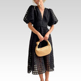 Beatrice puff sleeve V neck midi dress, front view