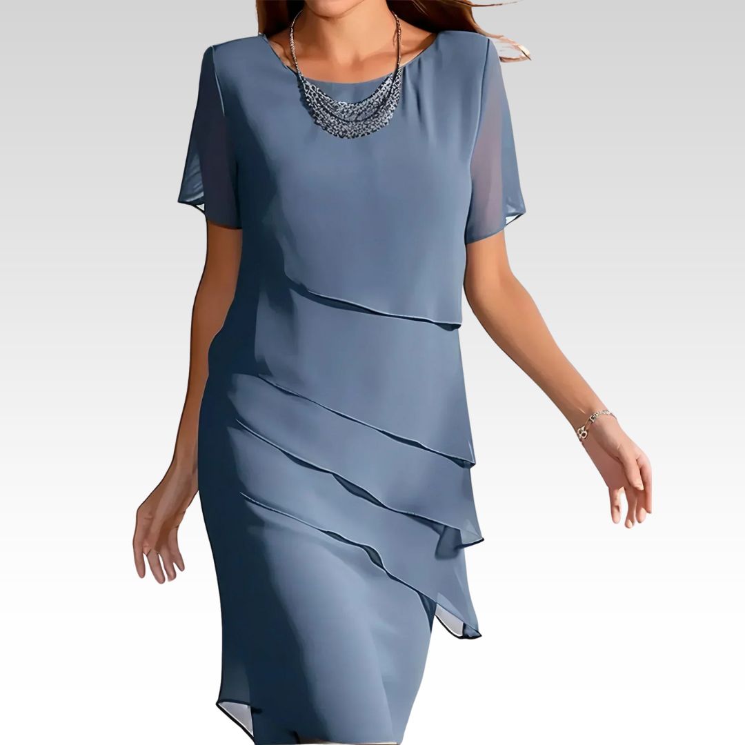 Monica tiered short sleeve midi dress in Blue, front view