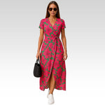 Eva V-neck wrap day dress in Pink and Green, view 2