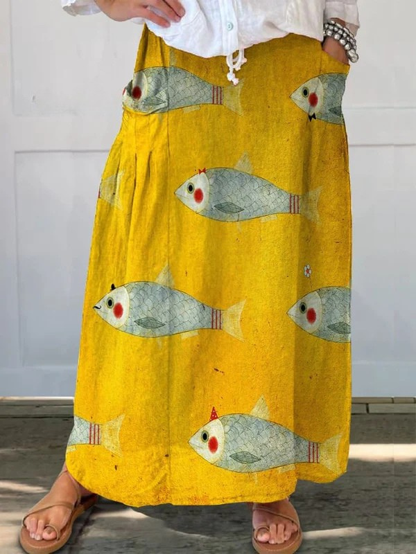 Vintage fish art print linen skirt, view 2