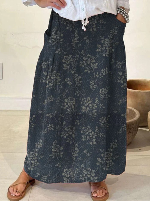 Vintage floral maxi skirt with pockets in Navy Blue, view 3