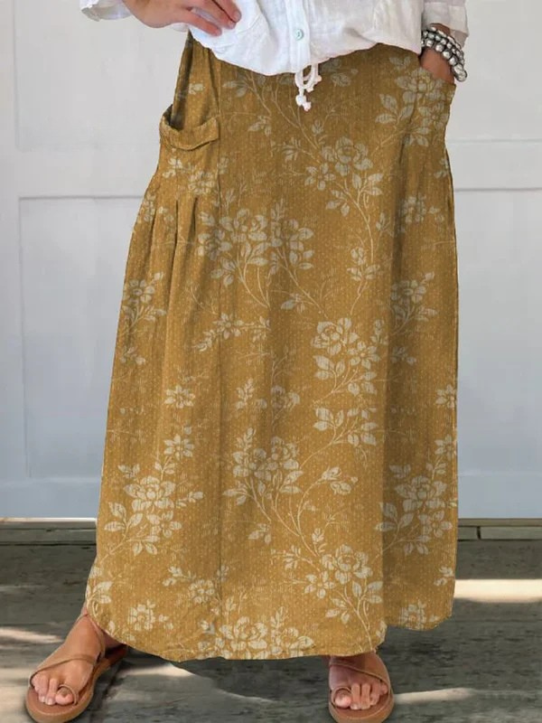 Vintage floral maxi skirt with pockets in Yellow, view 4