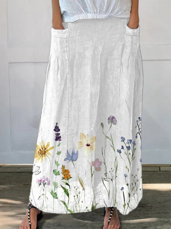 Watercolour spring meadow linen skirt, view 2
