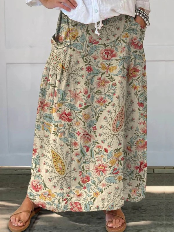 Rose paisley floral print maxi skirt in Beige, front view