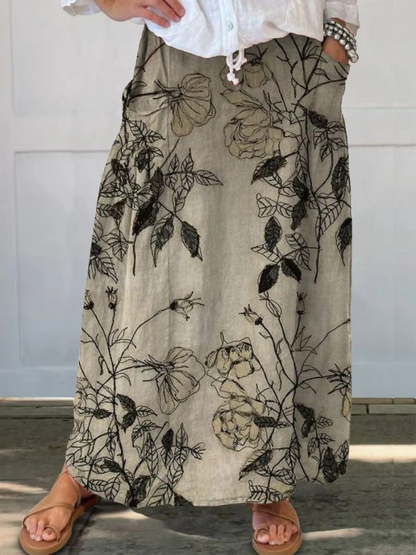 Botanical sketch linen skirt with pockets in Multicolour, front view