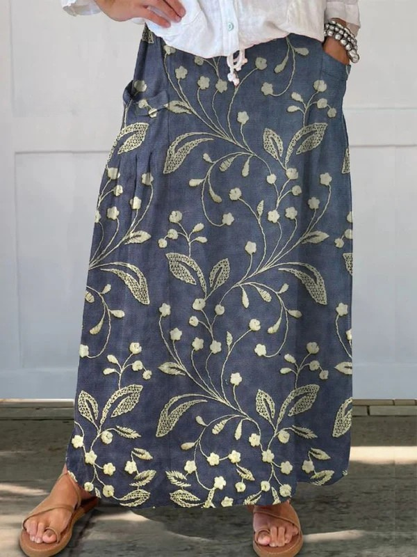 Helene navy floral print maxi skirt in Blue, front view
