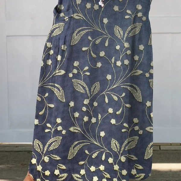 Retro floral linen skirt with pockets in Blue, front view