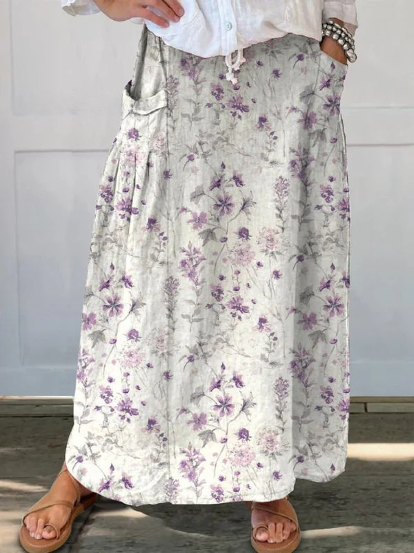 Vintage floral linen elasticated waist skirt, view 2