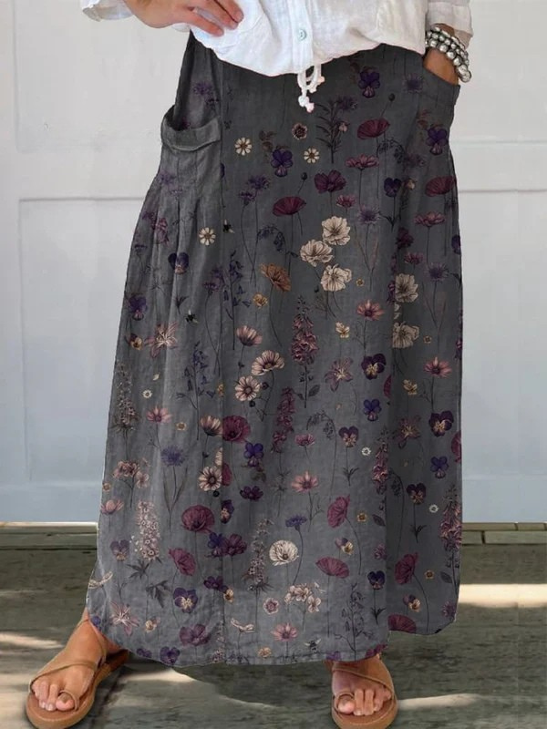 Floral print linen maxi skirt in Charcoal Floral, front view