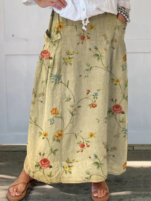 Retro floral skirt with elastic waistband in Beige, view 2