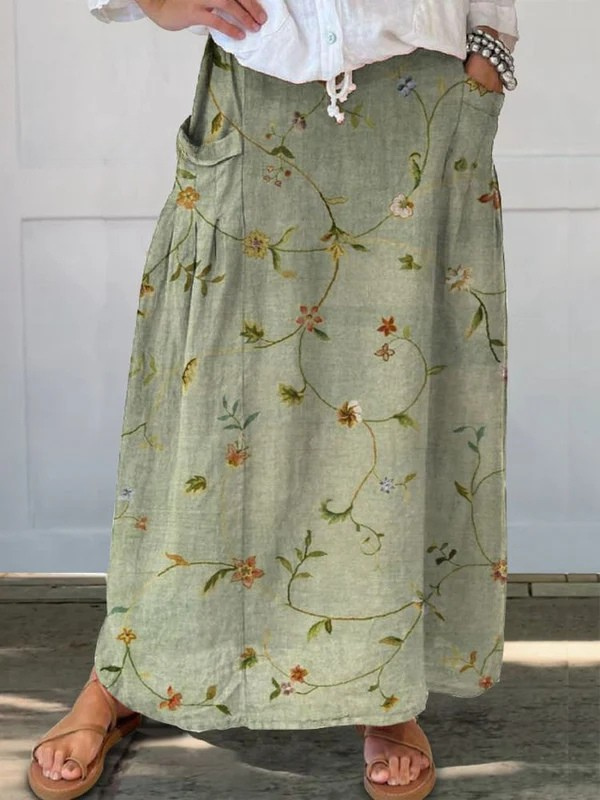 Luise floral vine maxi skirt in Sage Green, front view