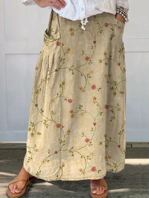 Retro floral linen skirt with pockets in Beige, front view