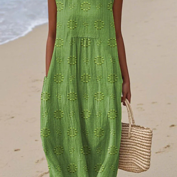 Beatrice embroidered sleeveless midi dress in Green, view 2
