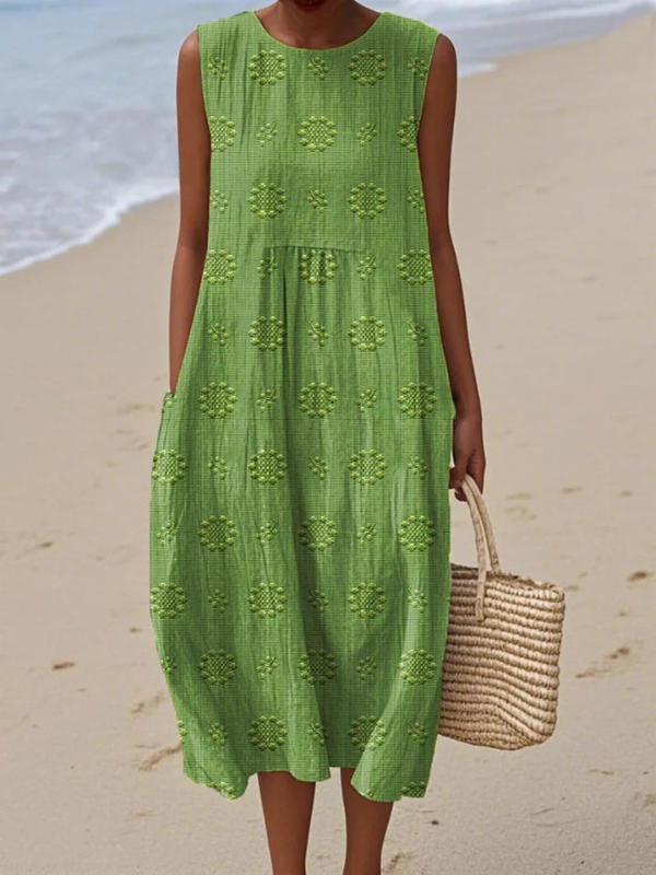 Clementine Mixed Pattern Midi Dress in Green, front view