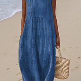 Beatrice embroidered sleeveless midi dress in Blue, view 3