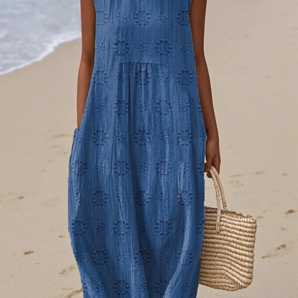Beatrice embroidered sleeveless midi dress in Blue, view 3