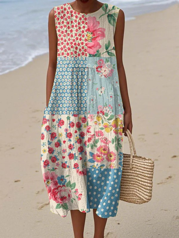 Theodora patchwork cotton midi dress, front view