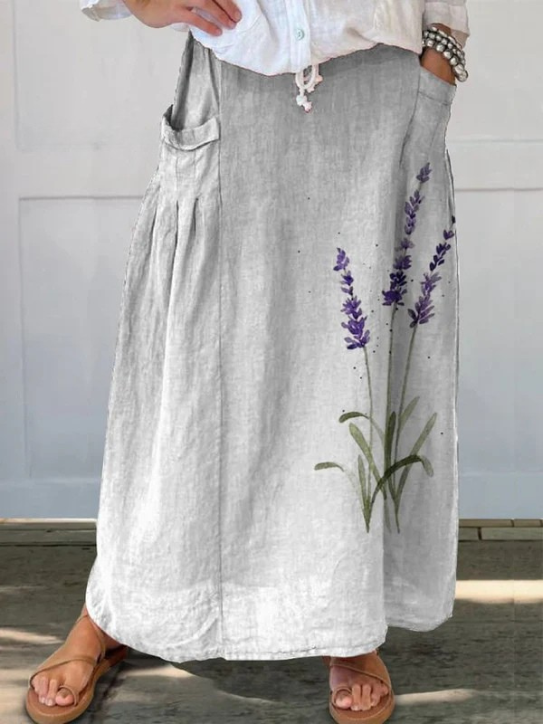 Watercolour lavender linen maxi skirt in White, front view