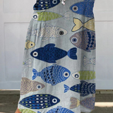 Vintage fish art print linen skirt in Multicolour, front view
