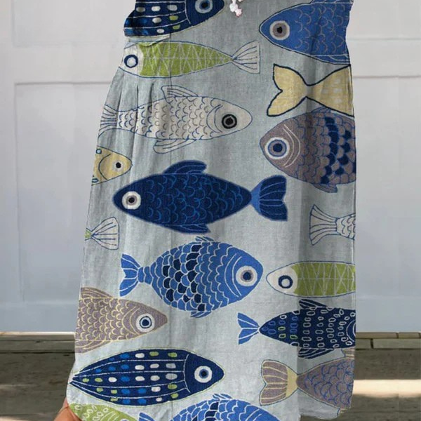 Vintage fish art print linen skirt in Multicolour, front view