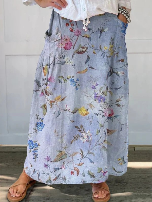 Vintage blue print linen midi skirt, view 2